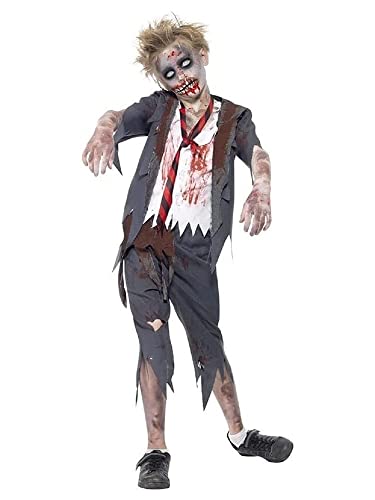 Child wearing a tattered grey zombie school boy costume with blood-stained shirt and tie.