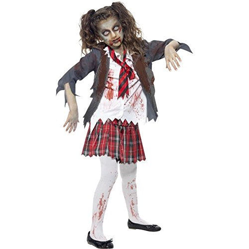 Zombie schoolgirl costume with torn clothes, grey jacket, and plaid skirt.