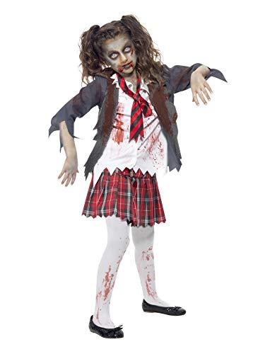 Child in a distressed, blood-splattered zombie schoolgirl Halloween costume.