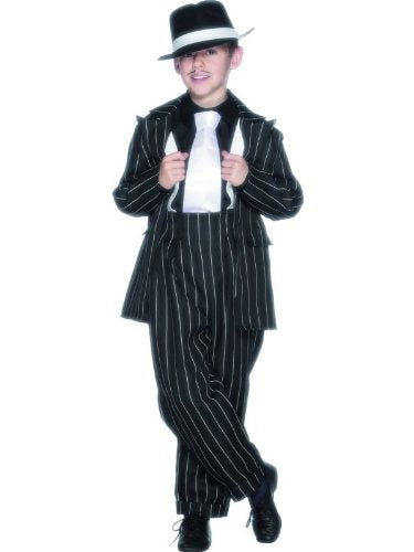 Boy wearing a black and white pinstripe zoot suit costume.