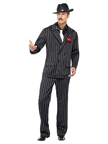 Man wearing a black and white pinstripe zoot suit and fedora.