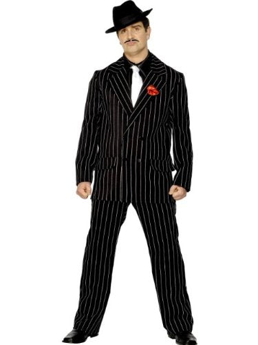 Man in a black and white pinstripe zoot suit and fedora.