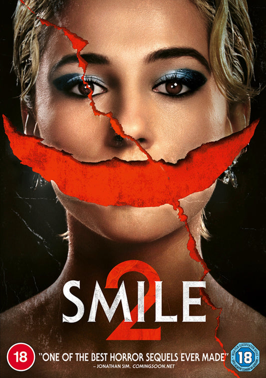 DVD cover for horror film "Smile 2" featuring a distressed woman’s face.