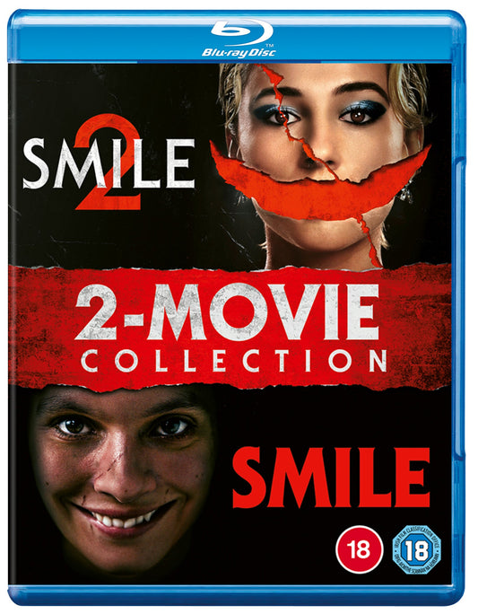 Blu-ray cover for horror film "Smile 2" featuring distressed faces.