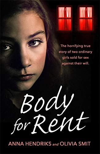 Book cover: distressed young woman’s face, dark background, red windows.