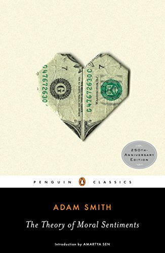 Book cover: "The Theory of Moral Sentiments" by Adam Smith, with folded dollar heart.