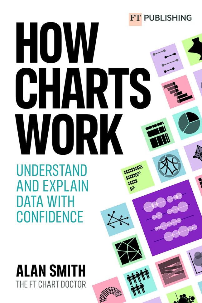 Book cover with title and colorful abstract data chart icons onT on white background.