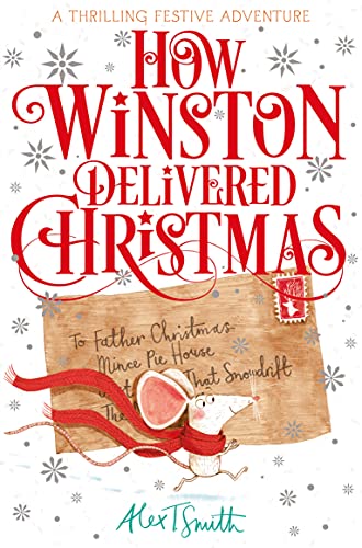 A small mouse wearing a red scarf runs in front of a large addressed envelope.