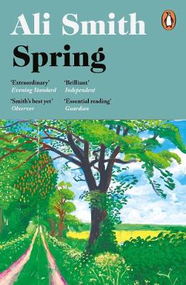 "Book cover with 'Spring' by Ali Smith, featuring a serene landscape painting."