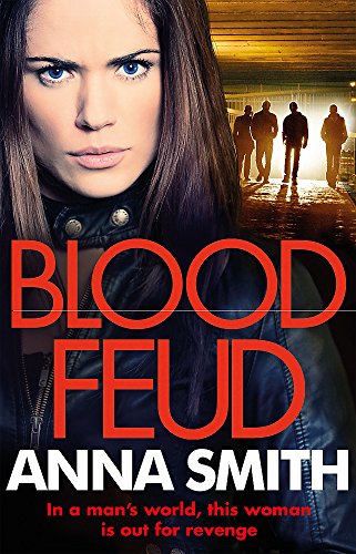 Book cover: woman’s face with shadowy figures, red title “Blood Feud.”