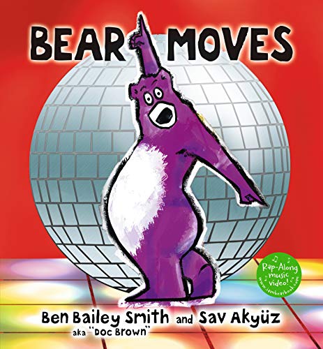 Purple cartoon bear dancing in front of a disco ball.