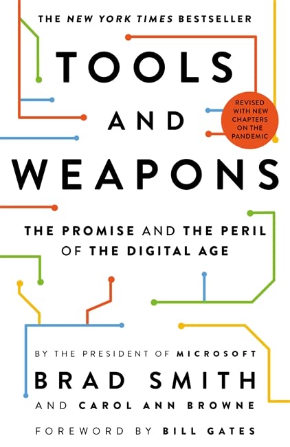 Book cover: "Tools and Weapons" by Brad Smith, with circuit-like graphics.