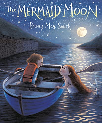 A child in a life vest sits in a boat, meeting a mermaid at night.