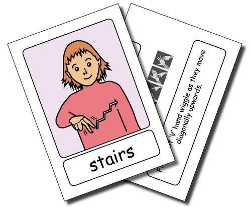 Two cards, one with a girl signing "stairs", the other with sign instructions.