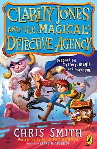 Book cover: children running with a monster, castle, and treasure chest.