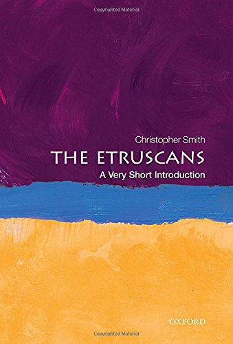 Book cover: "The Etruscans" with abstract purple, blue, and yellow paint strokes.