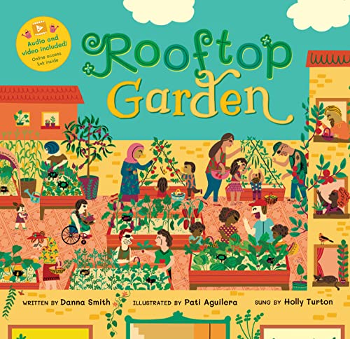 Colorful illustration of diverse people gardening on a rooftop.
