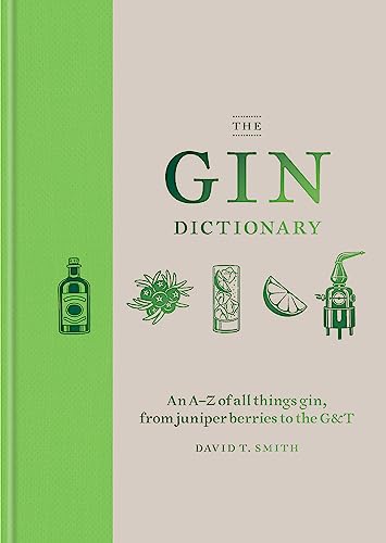 Book cover for "The Gin Dictionary" with illustrations of gin botanicals.