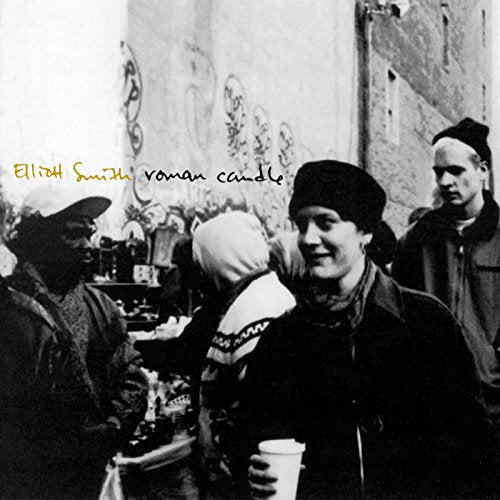 Black and white album cover for Elliott Smith’s “Roman Candle” with people.