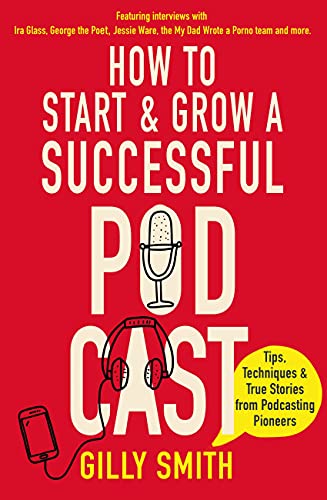 Red book cover with microphone illustration and podcasting title.