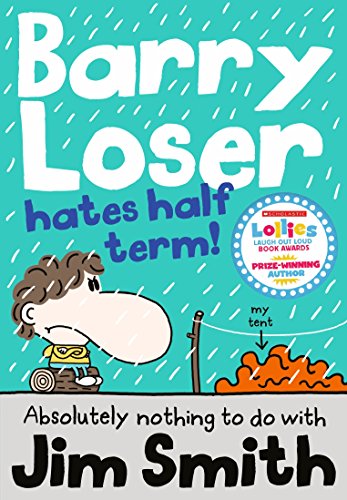 Book cover: cartoon boy with rain, tent, and bold blue title text.