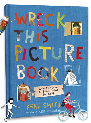 Blue book cover with colorful, collage-style title "Wreck This Picture Book".