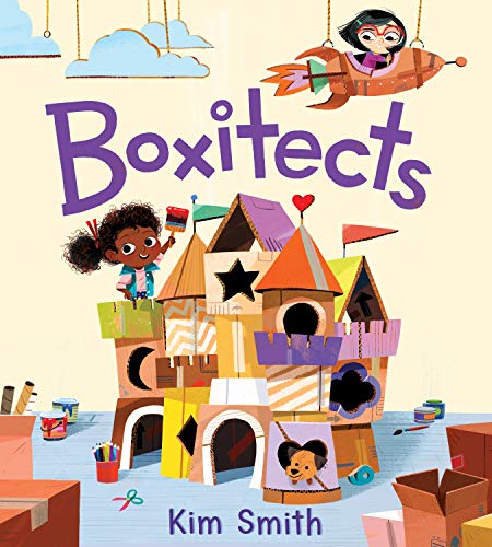 Children building a cardboard castle with a dog and airplane.