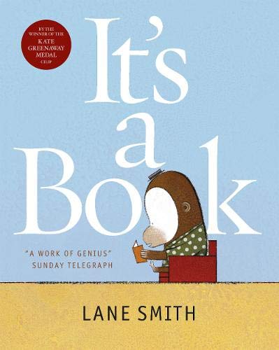 Book cover with large white text, a brown animal reading, and red chair.