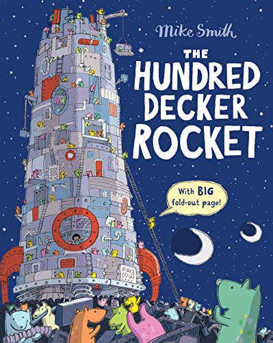 A tall, multi-level rocket ship filled with small creatures against a starry night sky.