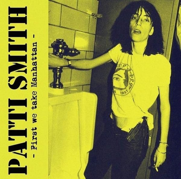 Patti Smith album cover: black and white portrait in a bathroom.