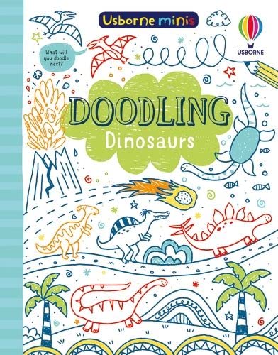 Book cover with colorful doodles of dinosaurs and prehistoric scenes.