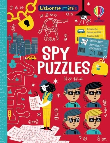 Book cover with spy-themed illustrations: keys, codes, people in sunglasses.