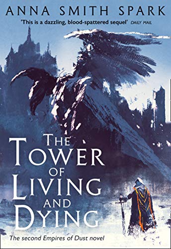 Book cover: dark fantasy scene with a tower, raven, and figure.