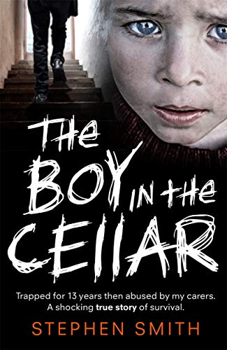 Book cover: close-up of a boy’s face, stairs behind, title “The Boy in the Cellar.”