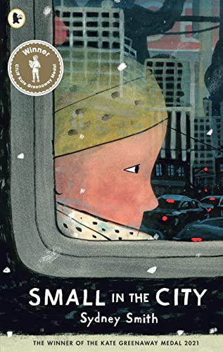 Child’s face pressed against a window overlooking a busy city street.