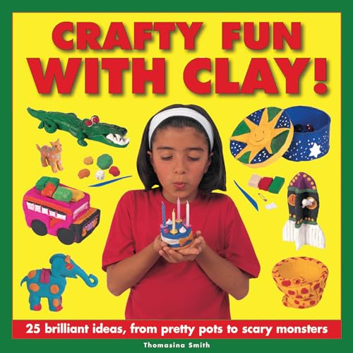 Child with clay creations: alligator, pot, rocket, and other colorful figures.
