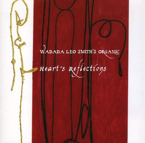 "Album cover with red and white background, abstract black and gold lines, and white text."