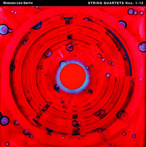 Red abstract spiral design, CD cover for Wadada Leo Smith string quartets.