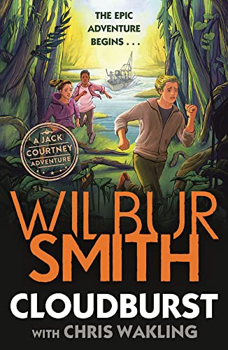 Three young people run through a jungle toward a river boat in this illustration.