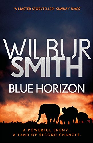 Book cover: "Blue Horizon" by Wilbur Smith, featuring elephants in silhouette.
