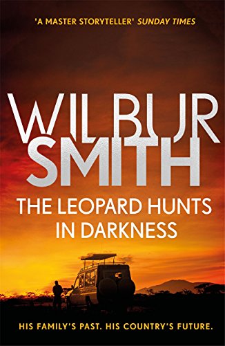 Book cover: "The Leopard Hunts in Darkness" by Wilbur Smith, with a sunset scene.