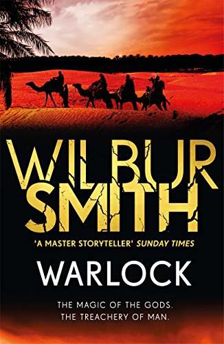 Book cover: desert scene with riders on camels, bold title “Warlock”.