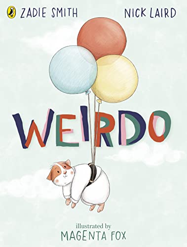 A guinea pig wearing a white shirt floats in the sky holding three balloons.