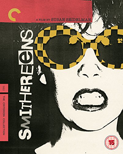 "Blu-ray cover for 'Smithereens' featuring a black-and-white woman's face with checkered sunglasses."