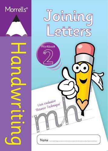 Workbook cover with cartoon pencil, title “Joining Letters 2”, and handwriting practice.