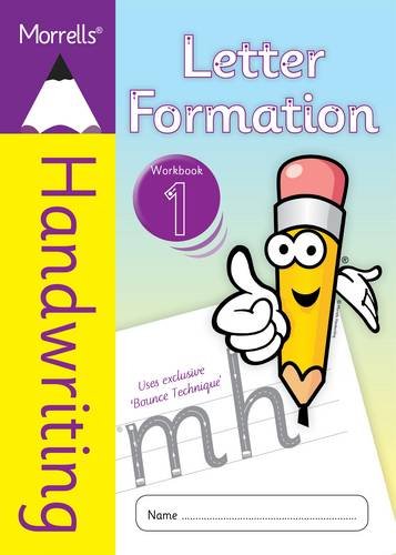 Workbook cover for handwriting practice, featuring a pencil and lowercase 'm'.