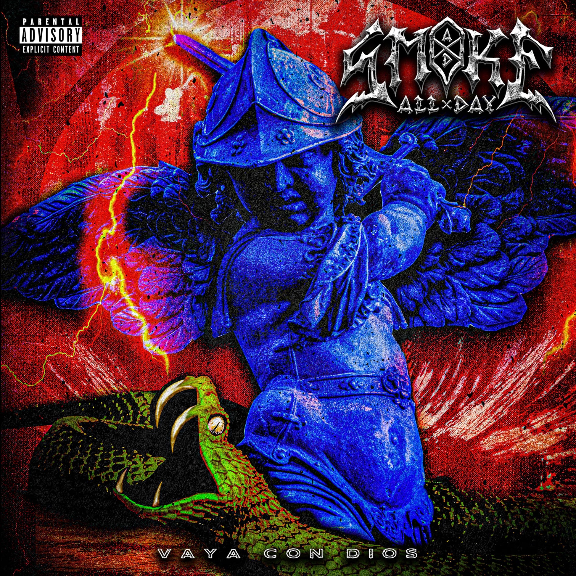 Blue statue with a snake, stormy red background, and album title.