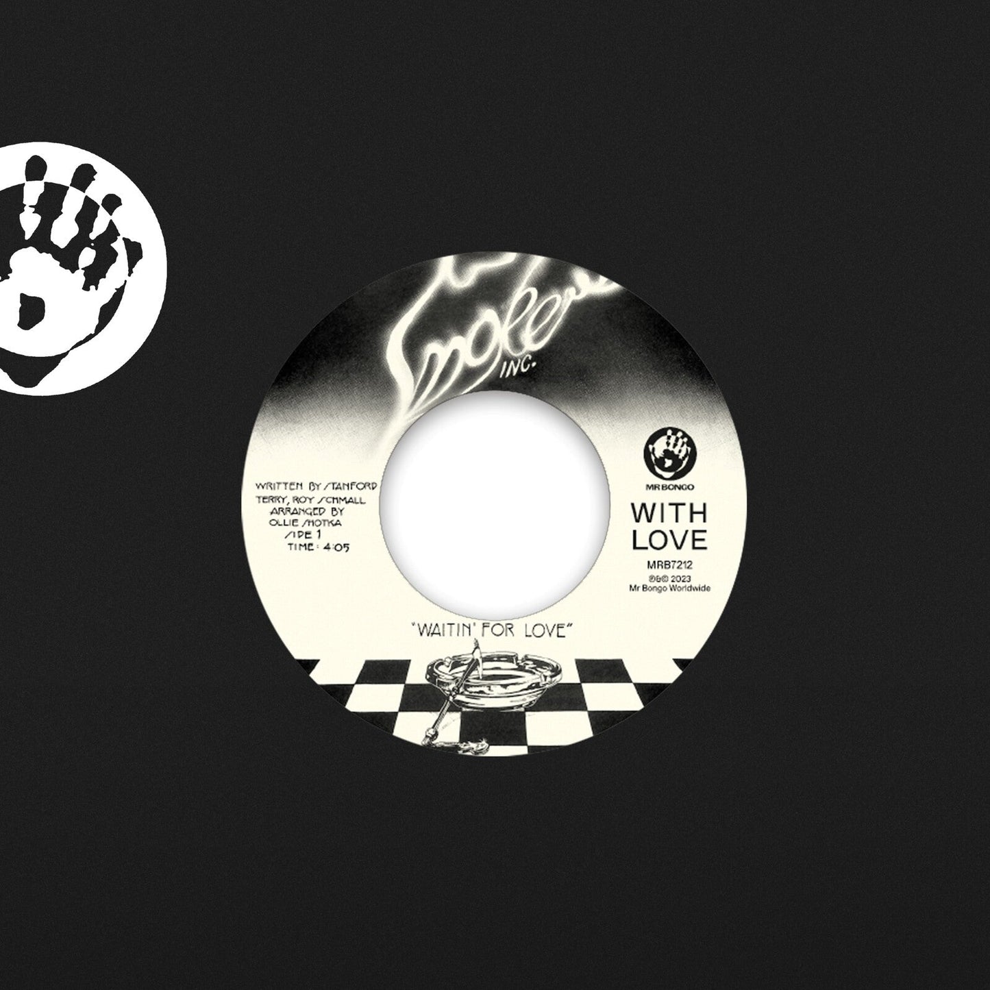 Black and white vinyl record label with text and a hand graphic.