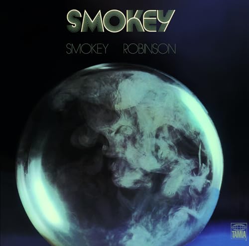 Smokey Robinson album cover with a cloudy sphere on a dark background.