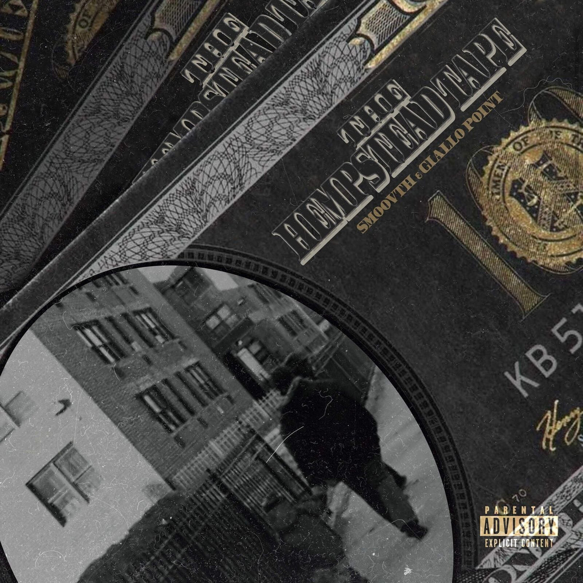 Album cover featuring a black and white street scene overlaid on a hundred-dollar bill.